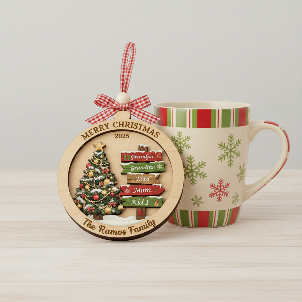 Personalized Family Christmas Signpost 3-Layer Double-Sided Wooden Ornament