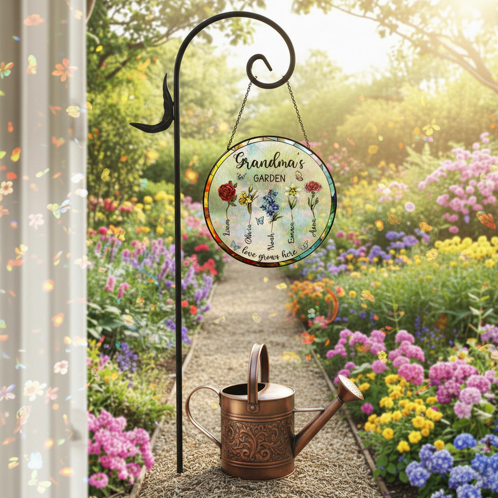 Birth Flower Garden Stained Glass Suncatcher Ornament for Grandma – Personalized Month Bloom Window Keepsake