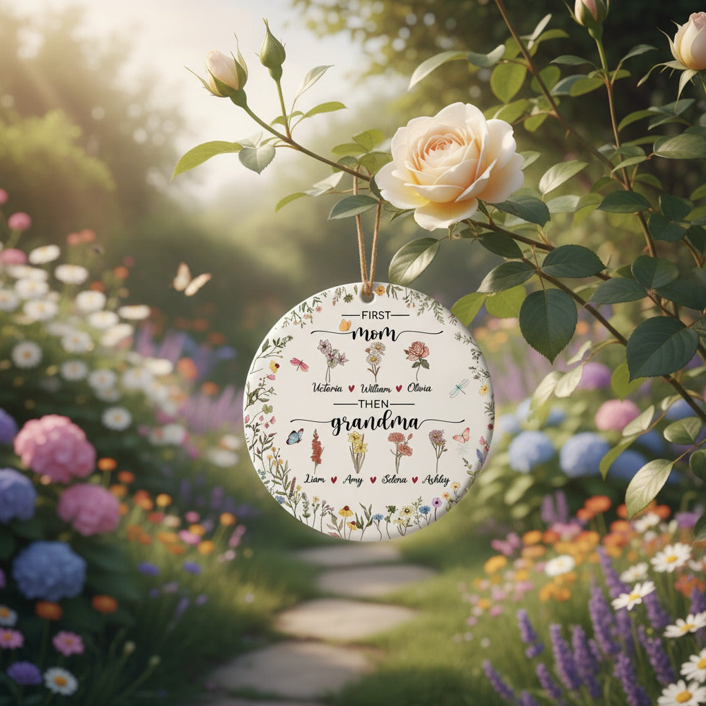Birth Flower Ceramic Ornament for Mom and Grandma – Personalized Generational Garden Keepsake