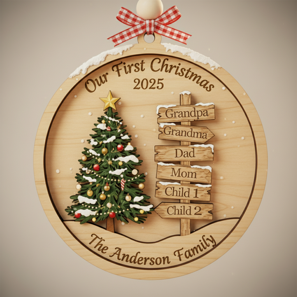 Custom Family Christmas Signpost 3-Layer Double-Sided Wooden Ornament