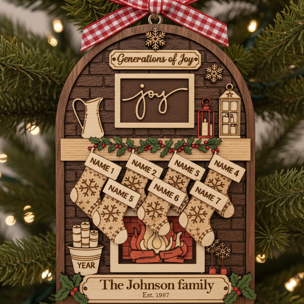 Custom 3-Layer Double-Sided Wooden Ornament with Names & Year