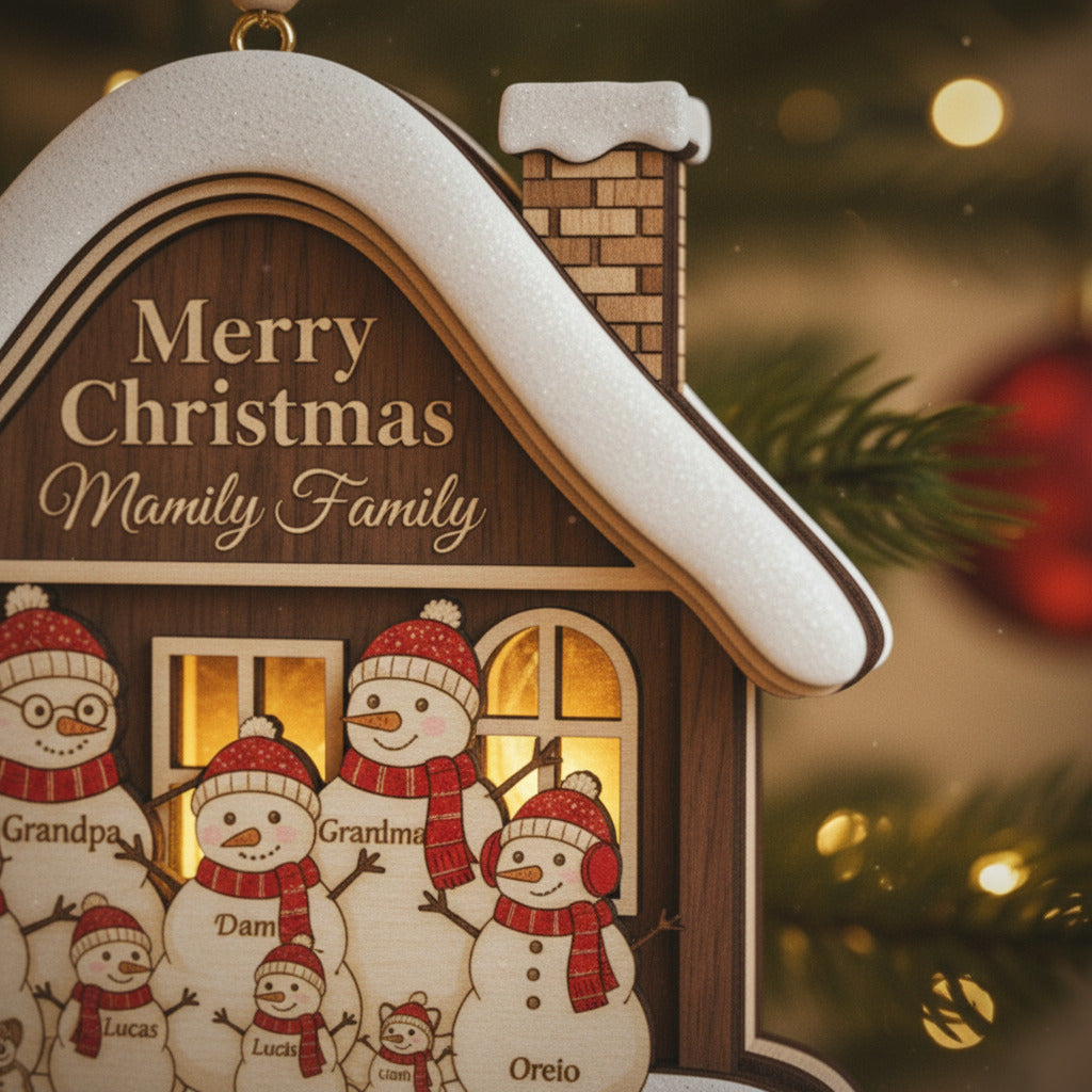 Personalized Family Snowman House Christmas 3 Layered Wooden Ornament