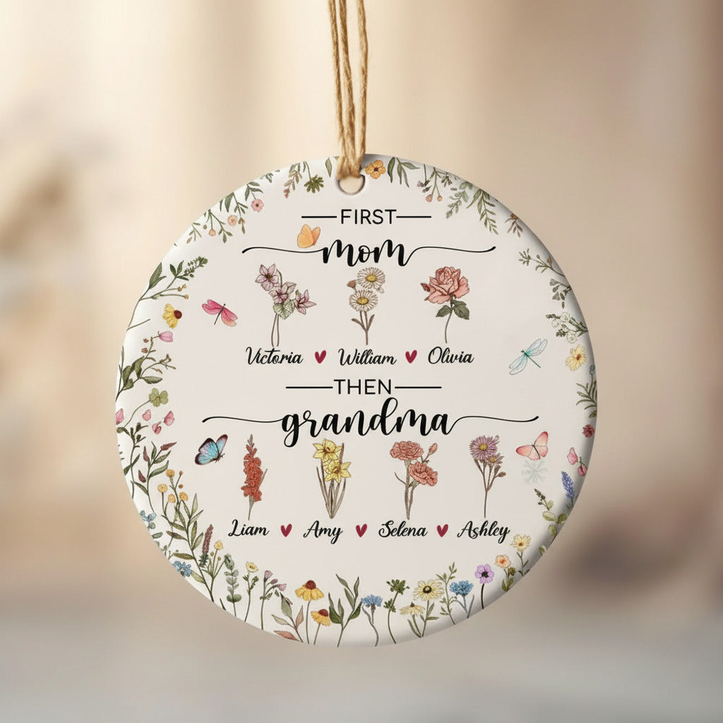 Birth Flower Ceramic Ornament for Mom and Grandma – Personalized Generational Garden Keepsake