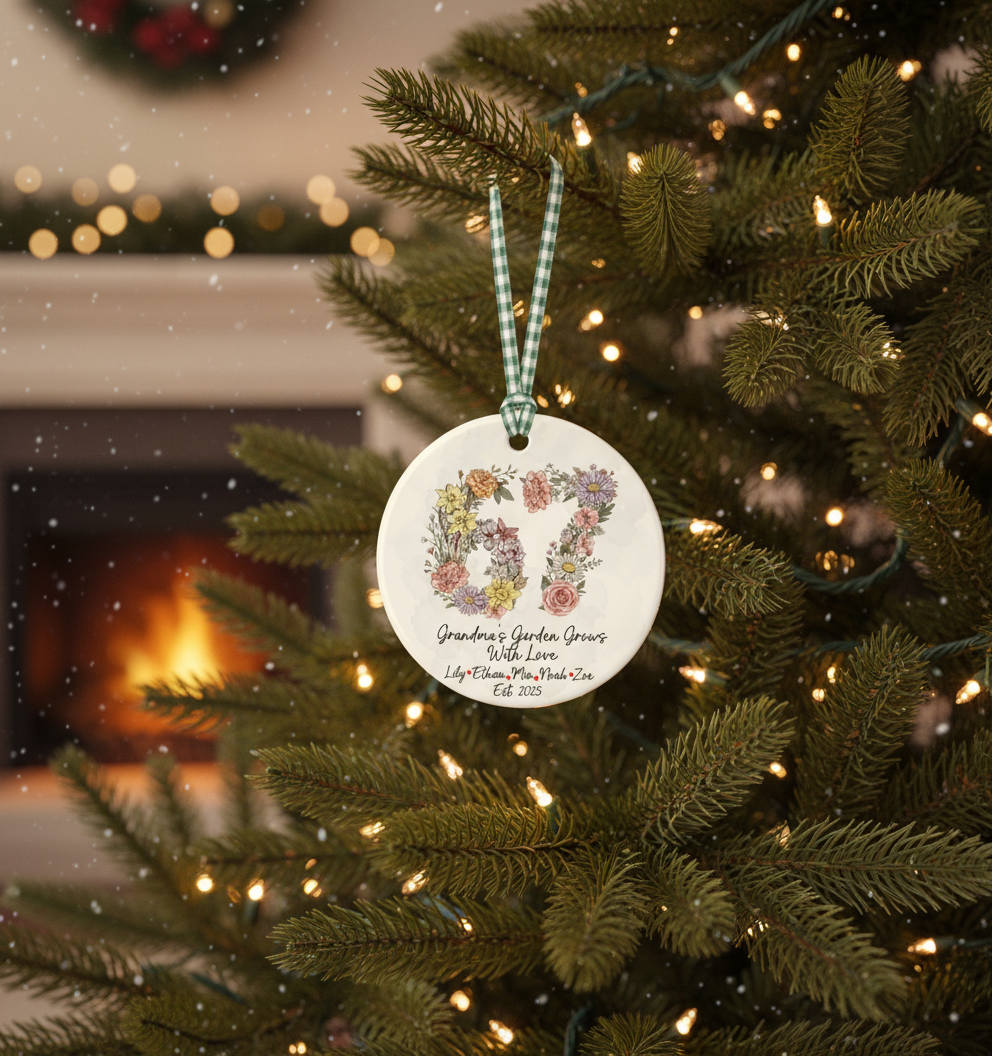Grandma’s Garden 67 Blooms Ceramic Ornament – Personalized Grandkids Birth Flower Keepsake