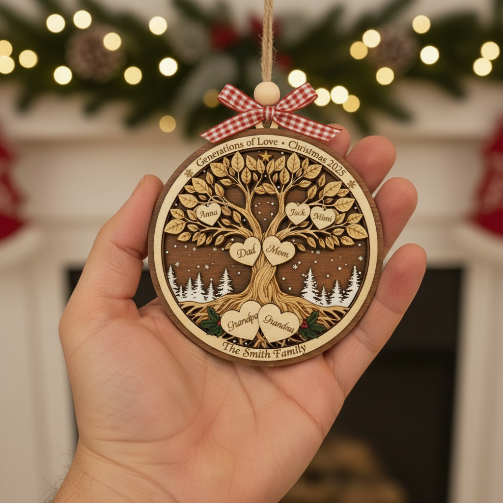 Personalized Family Tree Christmas 3-Layer Double-Sided Wooden Ornament