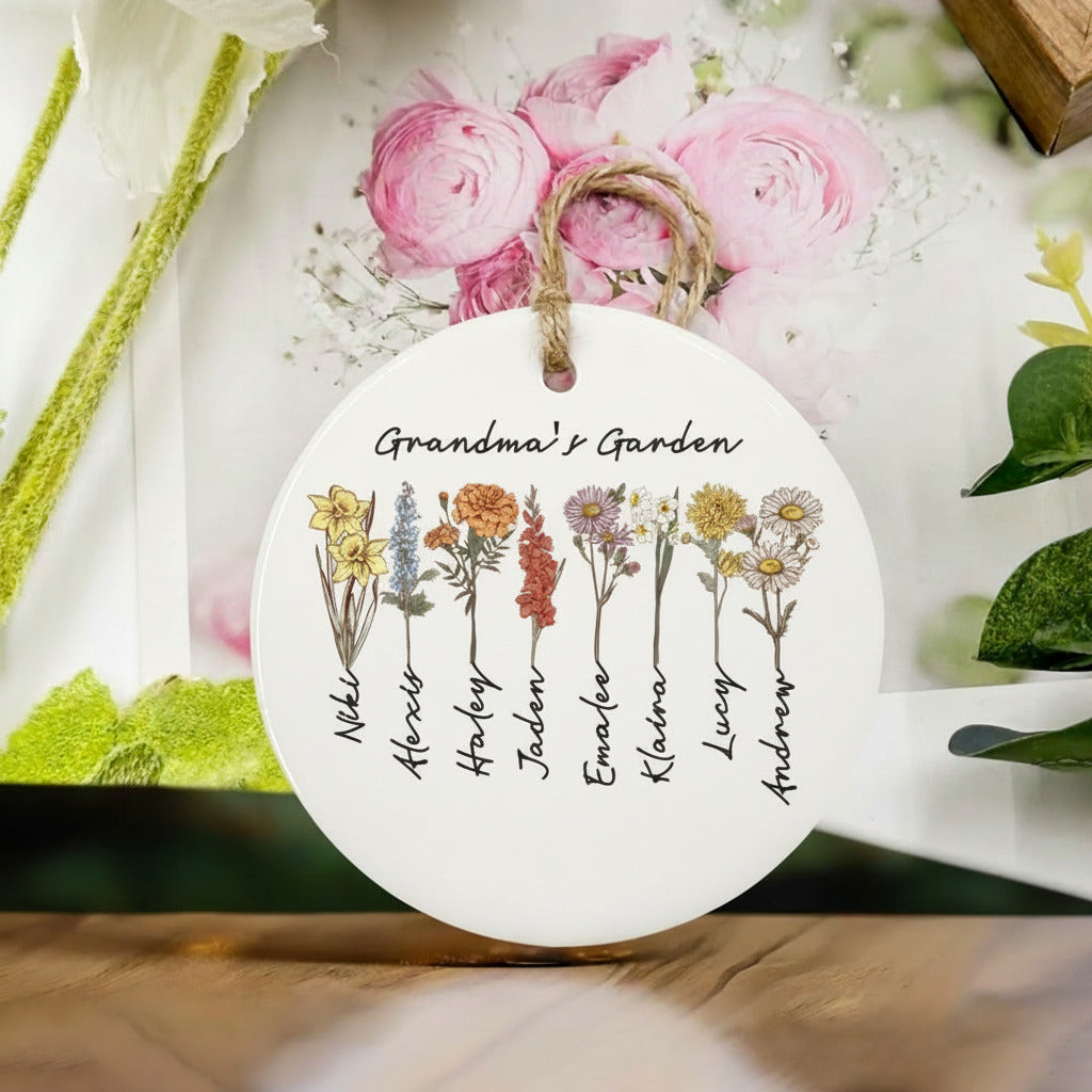 Birth Flower Ceramic Ornament for Grandma – Personalized Grandkids Name Garden Keepsake