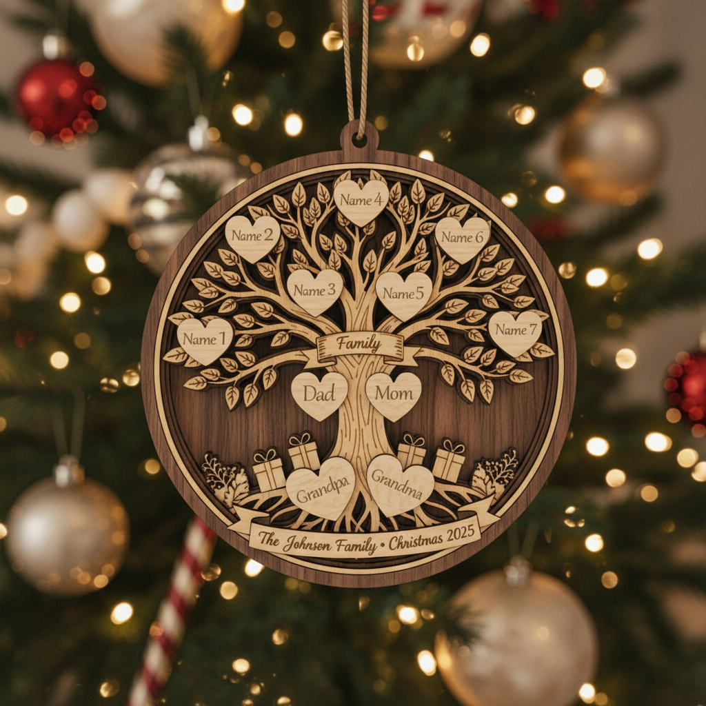 Personalized 3-Layer Double-Sided Wooden Ornament Family Christmas Tree