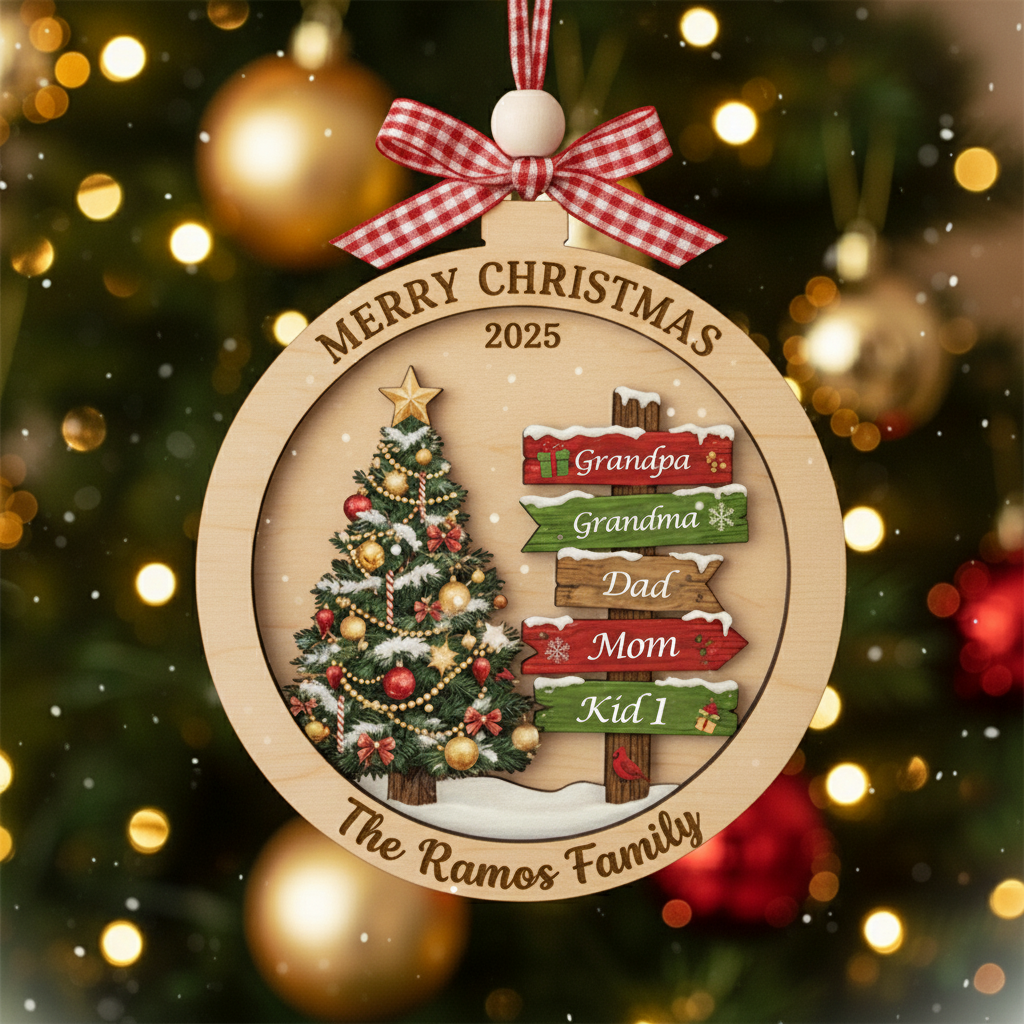 Personalized Family Christmas Signpost 3-Layer Double-Sided Wooden Ornament