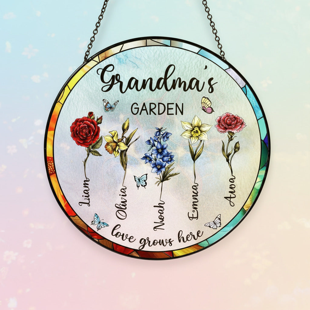 Birth Flower Garden Stained Glass Suncatcher Ornament for Grandma – Personalized Month Bloom Window Keepsake