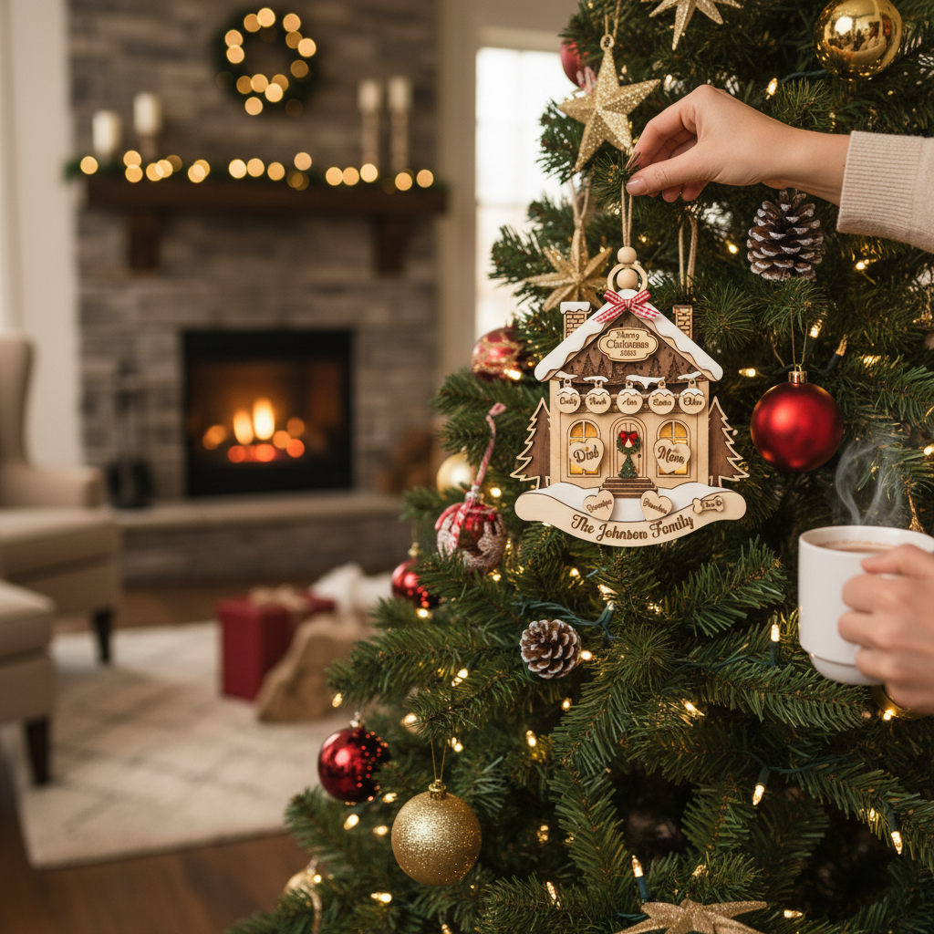 Personalized Family House Christmas 3 Layered Wooden Ornament