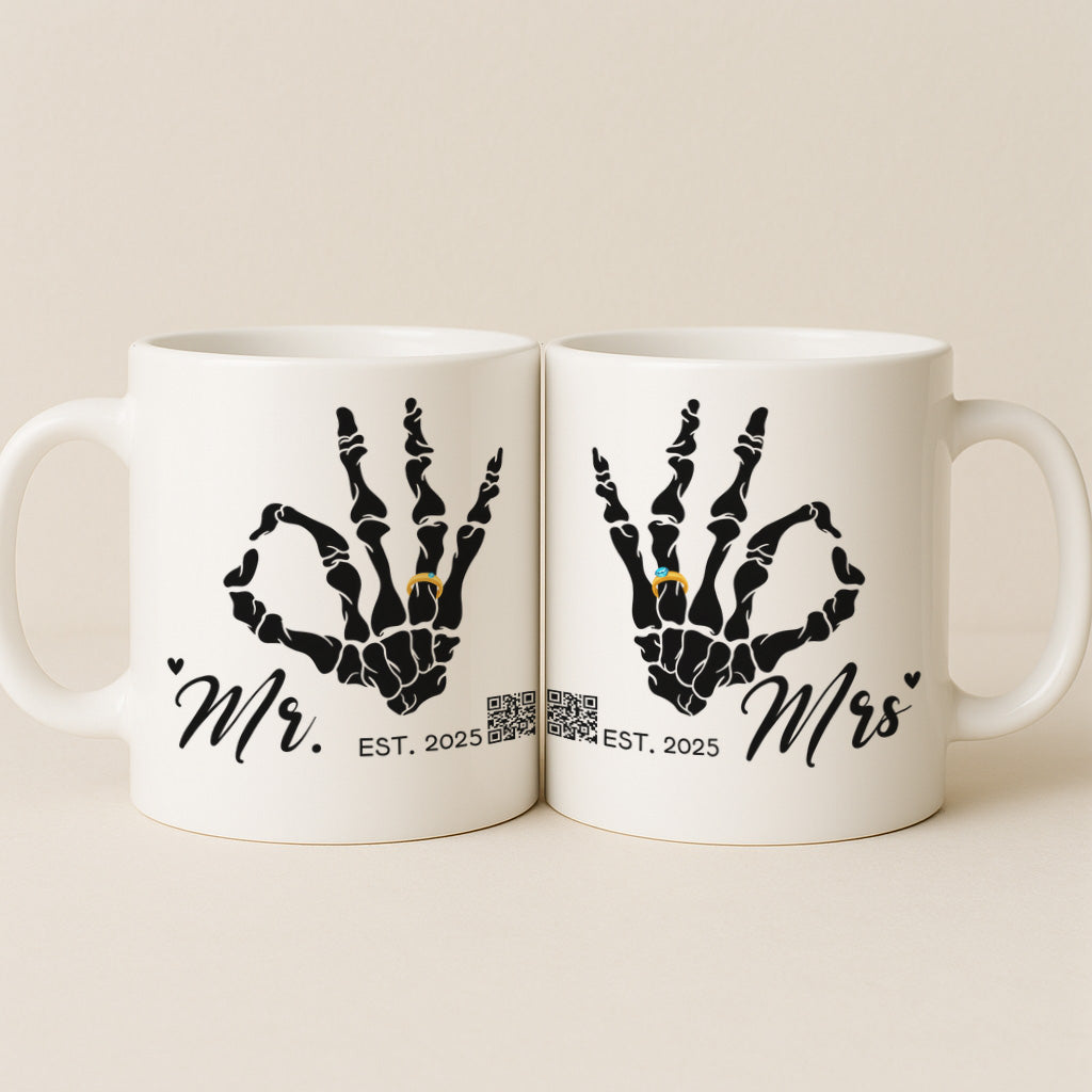 Personalized Mr. & Mrs. Skeleton OK Hand Mug with Interactive QR Code – Unique Wedding Anniversary Gift