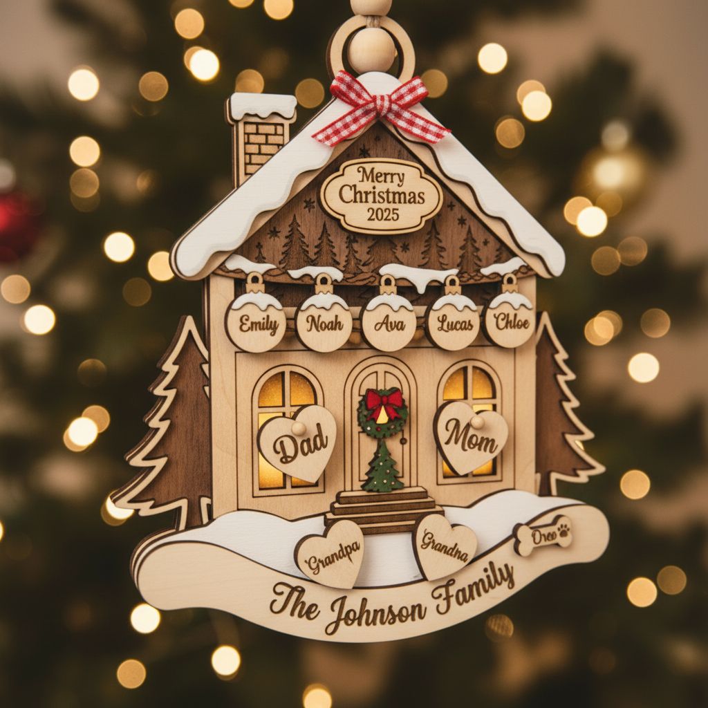 Personalized Family House Christmas 3 Layered Wooden Ornament