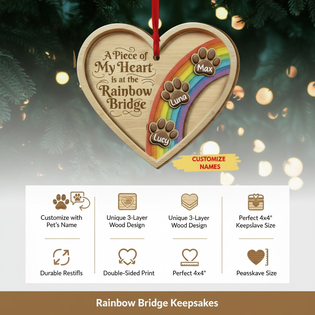 Memorial Rainbow Bridge Heart Ornament for Pet Lovers – Custom Name Wooden Keepsake
