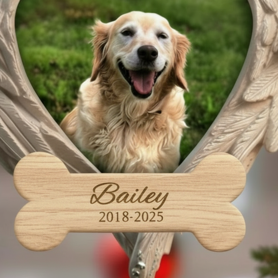 Memorial Heart Wings Ornament for Pet Lovers – Custom Photo Wooden Keepsake