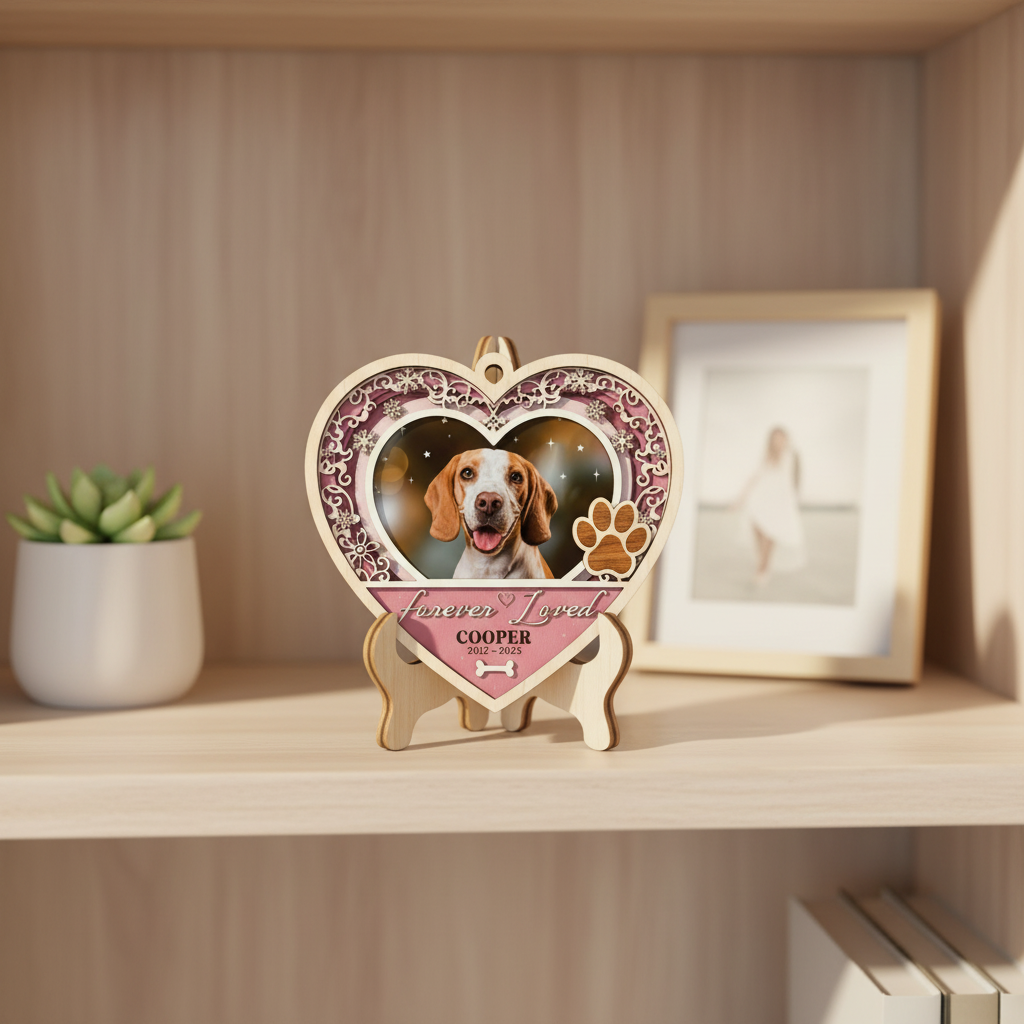 Memorial Heart Paw Ornament for Pet Lovers – Custom Photo Wooden Keepsake