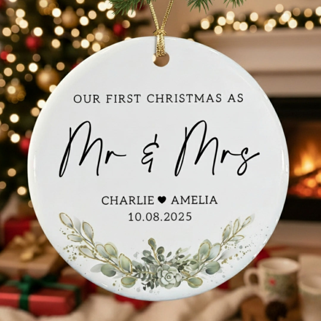 Personalized Our First Christmas As Mr and Mrs Ornament For Couple with QR Love Card