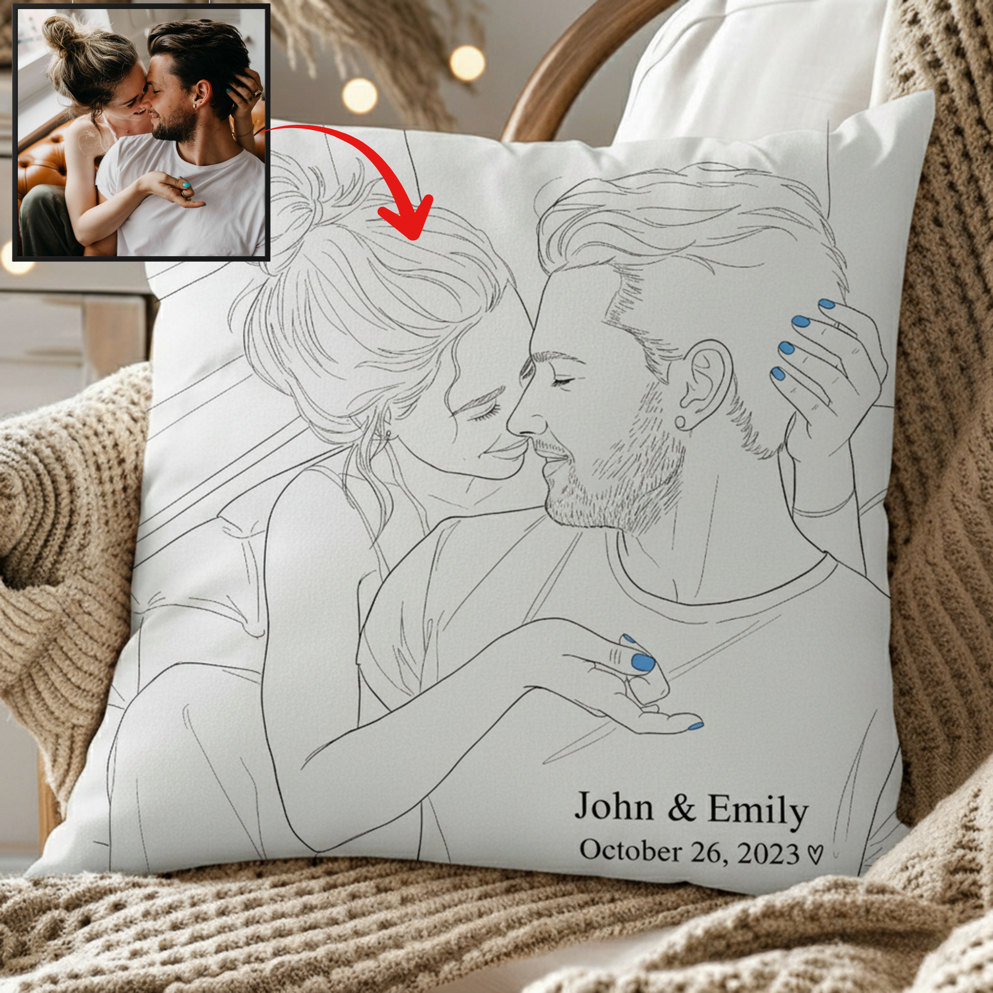 Personalized Line Art Couple Pillow Romantic Minimal Design
