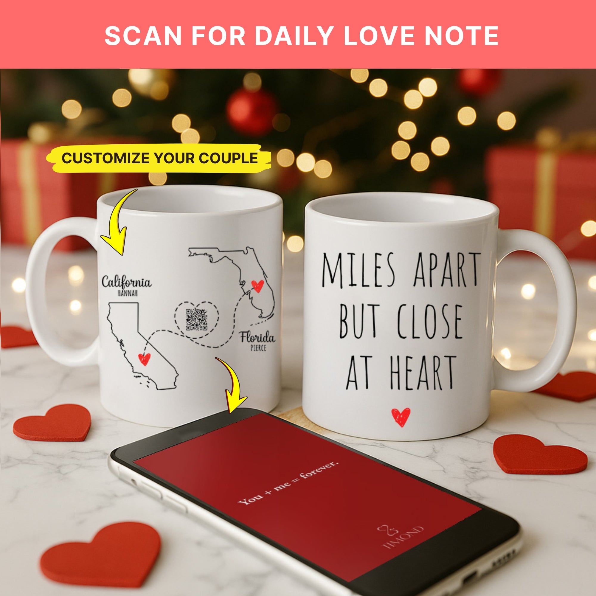 QR Code Long Distance Couple Mug, Personalized Names, Gift For Couple