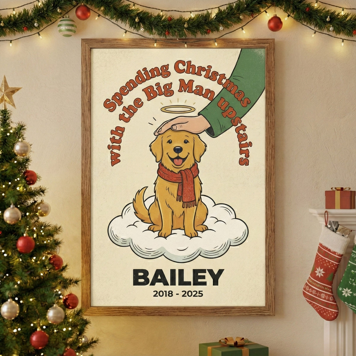 Retro Christmas Dog Memorial Canvas - Big Man Upstairs Quote, Personalized Holiday Pet Loss Gift