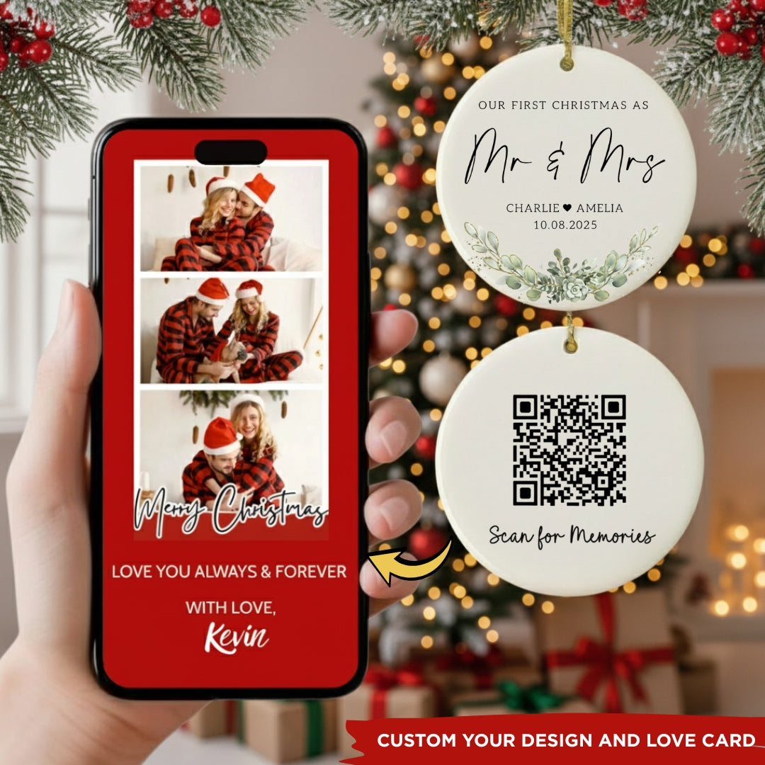 Personalized Our First Christmas As Mr and Mrs Ornament For Couple with QR Love Card