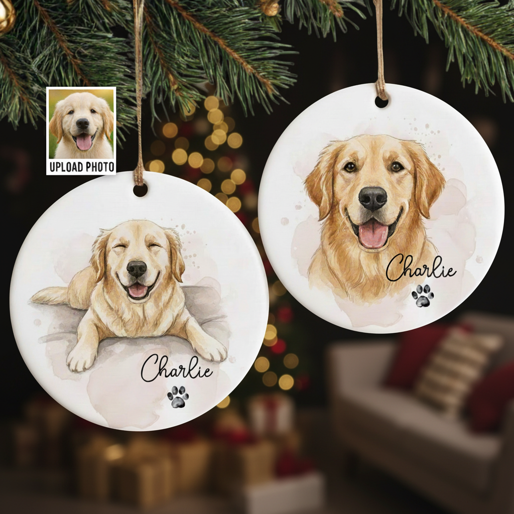 Christmas Watercolor Pet Portrait Ceramic Ornament for Dog Lovers