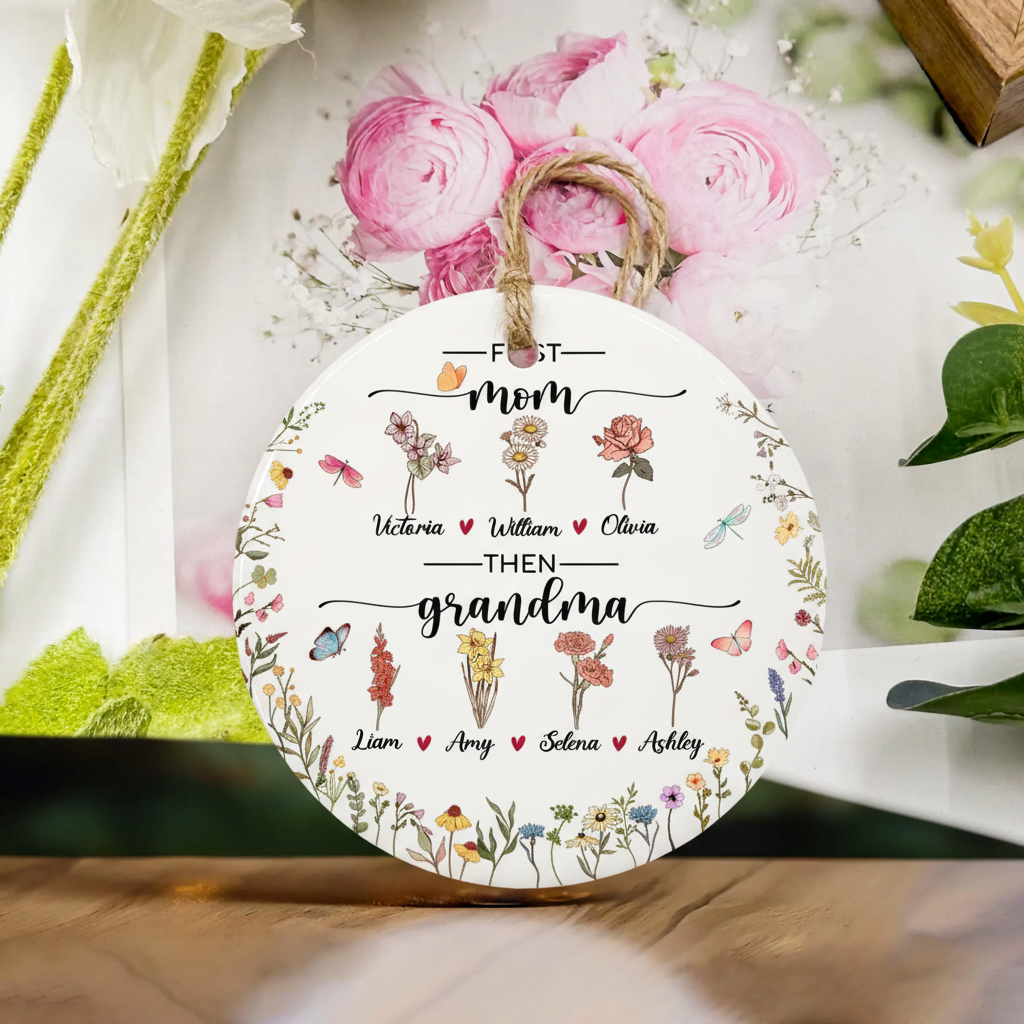 Birth Flower Ceramic Ornament for Mom and Grandma – Personalized Generational Garden Keepsake