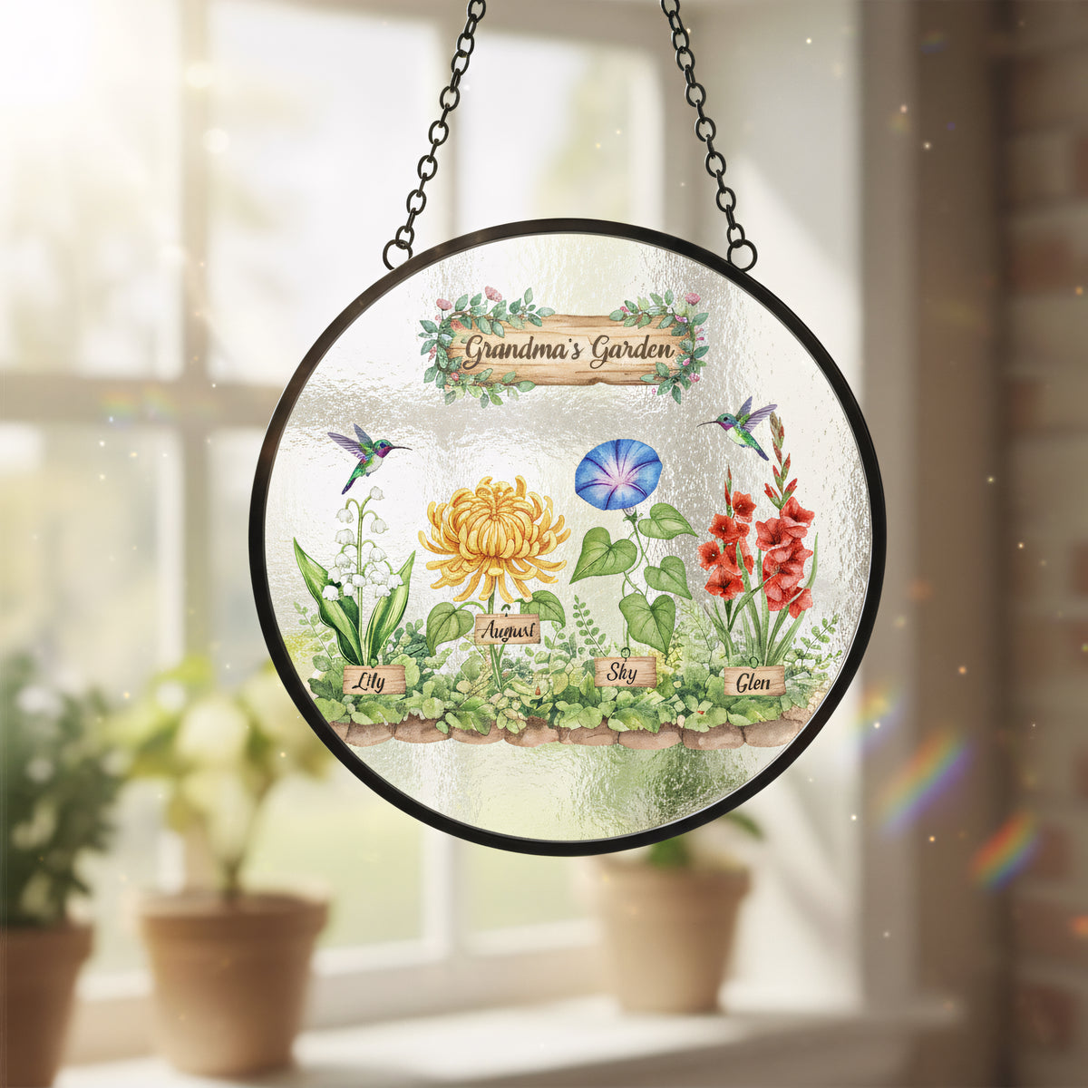 Birth Flower Stained Glass Suncatcher Ornament for Grandma – Personalized Grandkids Name Garden Keepsake