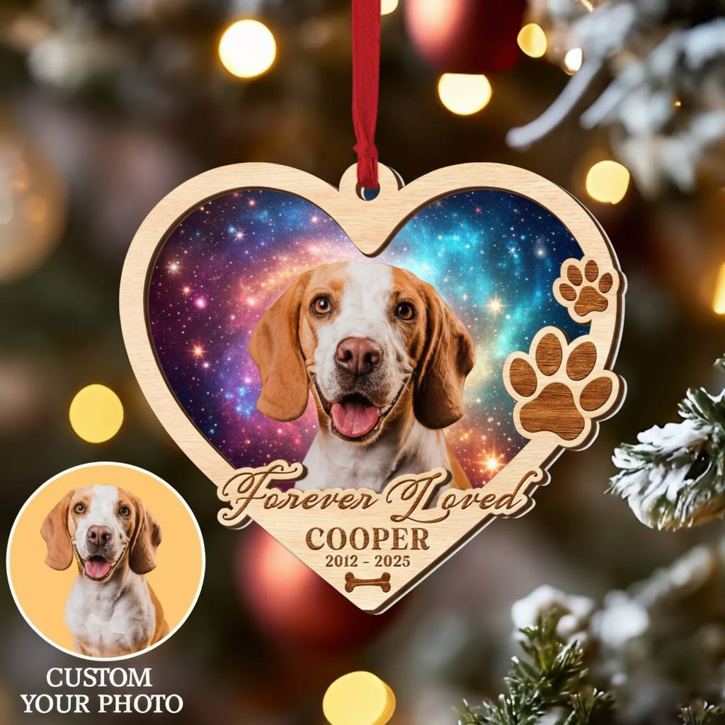 Memorial Galaxy Heart Ornament for Pet Lovers – Custom Photo Wooden Keepsake