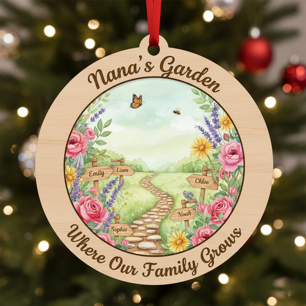 Garden Path Wooden Ornament for Nana – Personalized Grandkids Name Family Keepsake