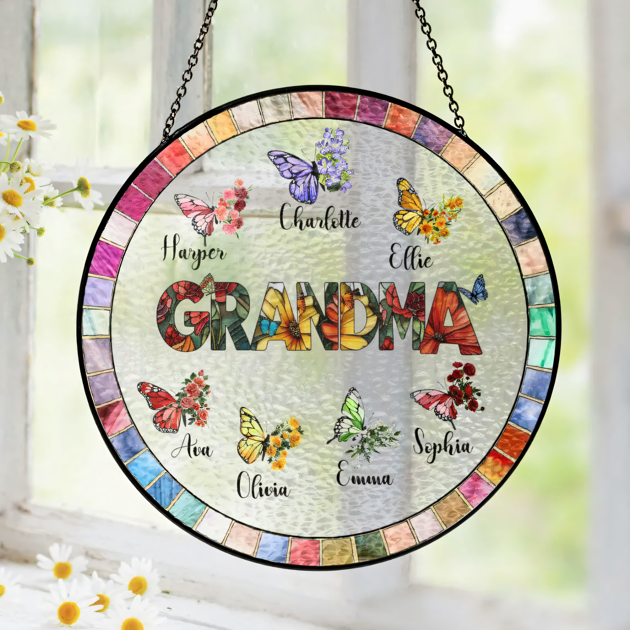 Heartfelt Butterfly Floral Stained Glass Suncatcher Ornament for Grandma – Personalized Grandkids Name Window Gift