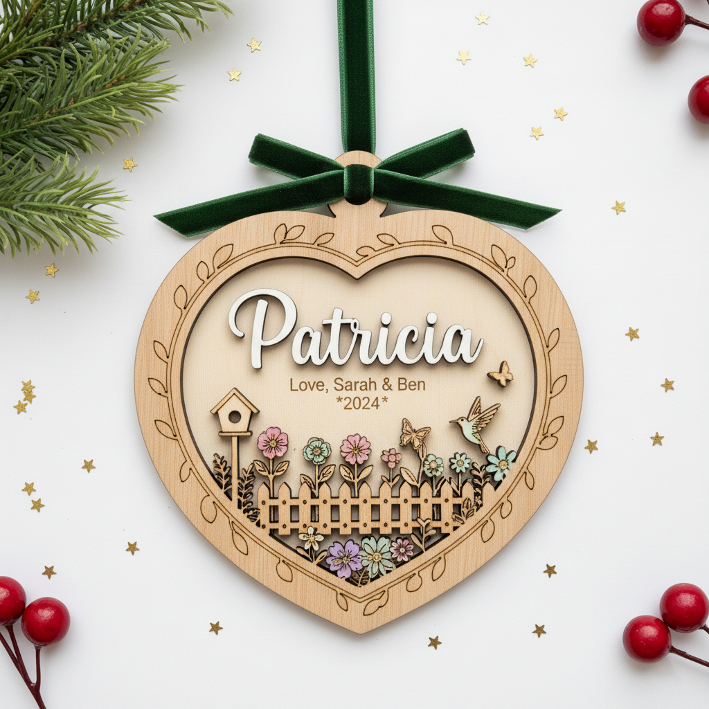 Heart Garden Wooden Ornament for Grandma – Personalized Name and Grandkids Year Keepsake