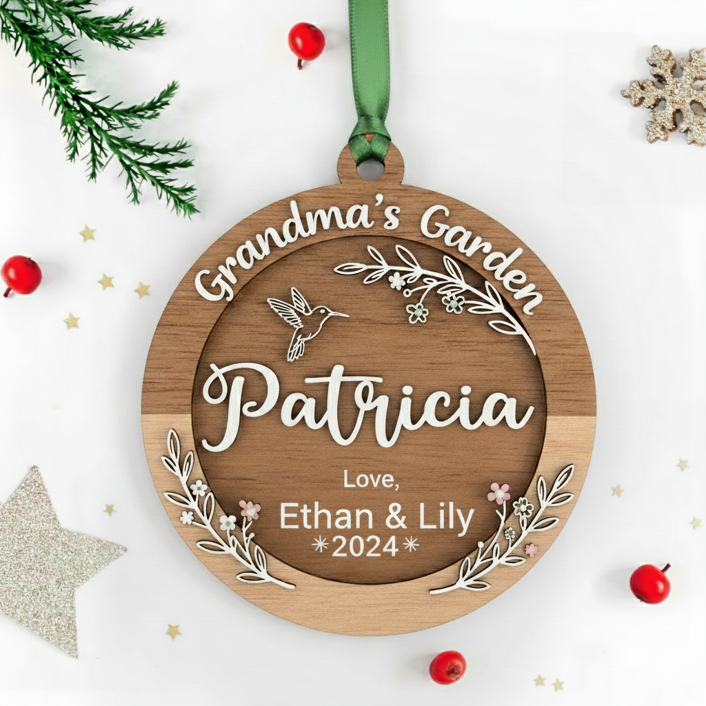 Grandma’s Garden Wooden Ornament – Personalized Name and Grandkids Year Keepsake
