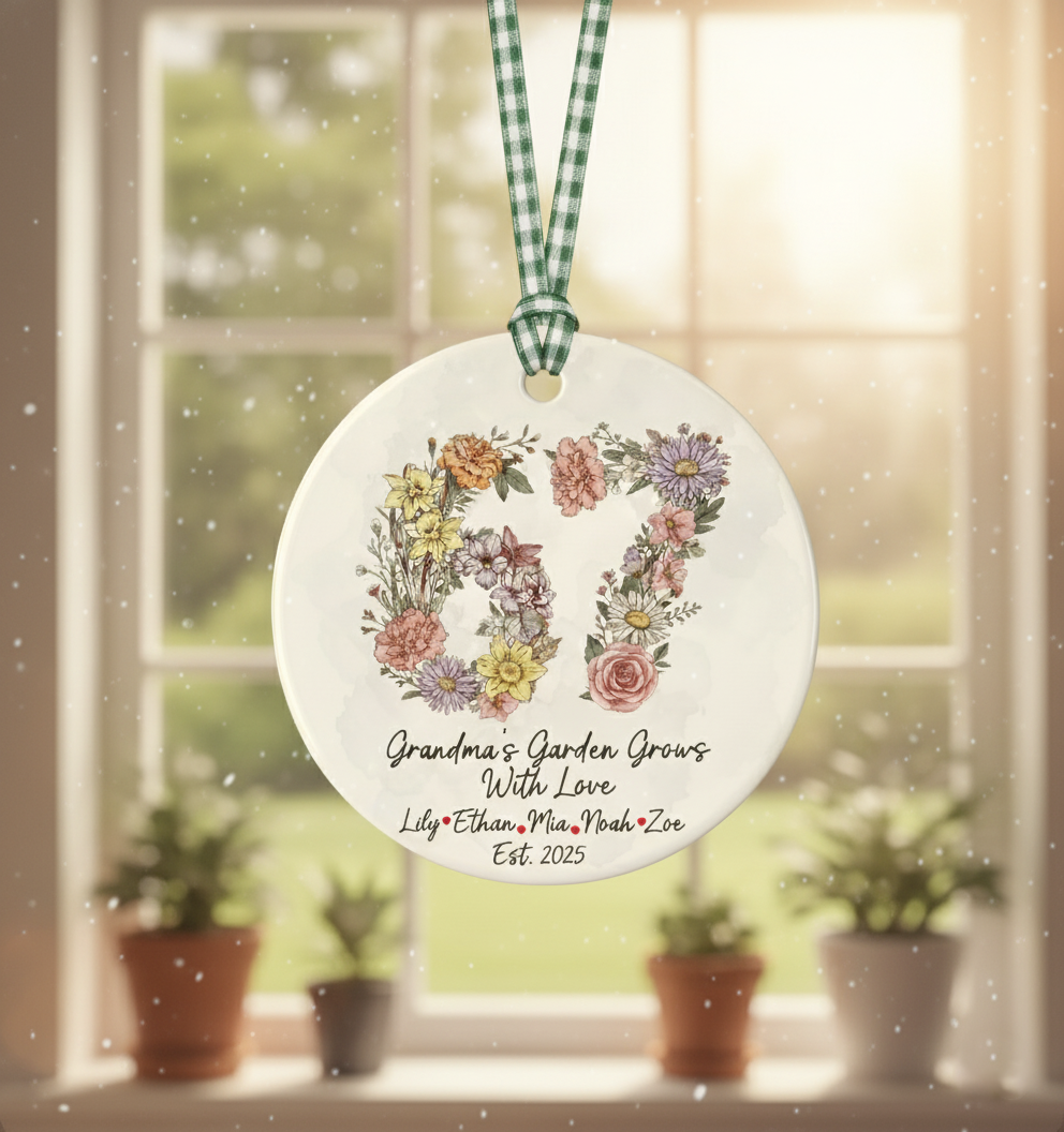 Grandma’s Garden 67 Blooms Ceramic Ornament – Personalized Grandkids Birth Flower Keepsake