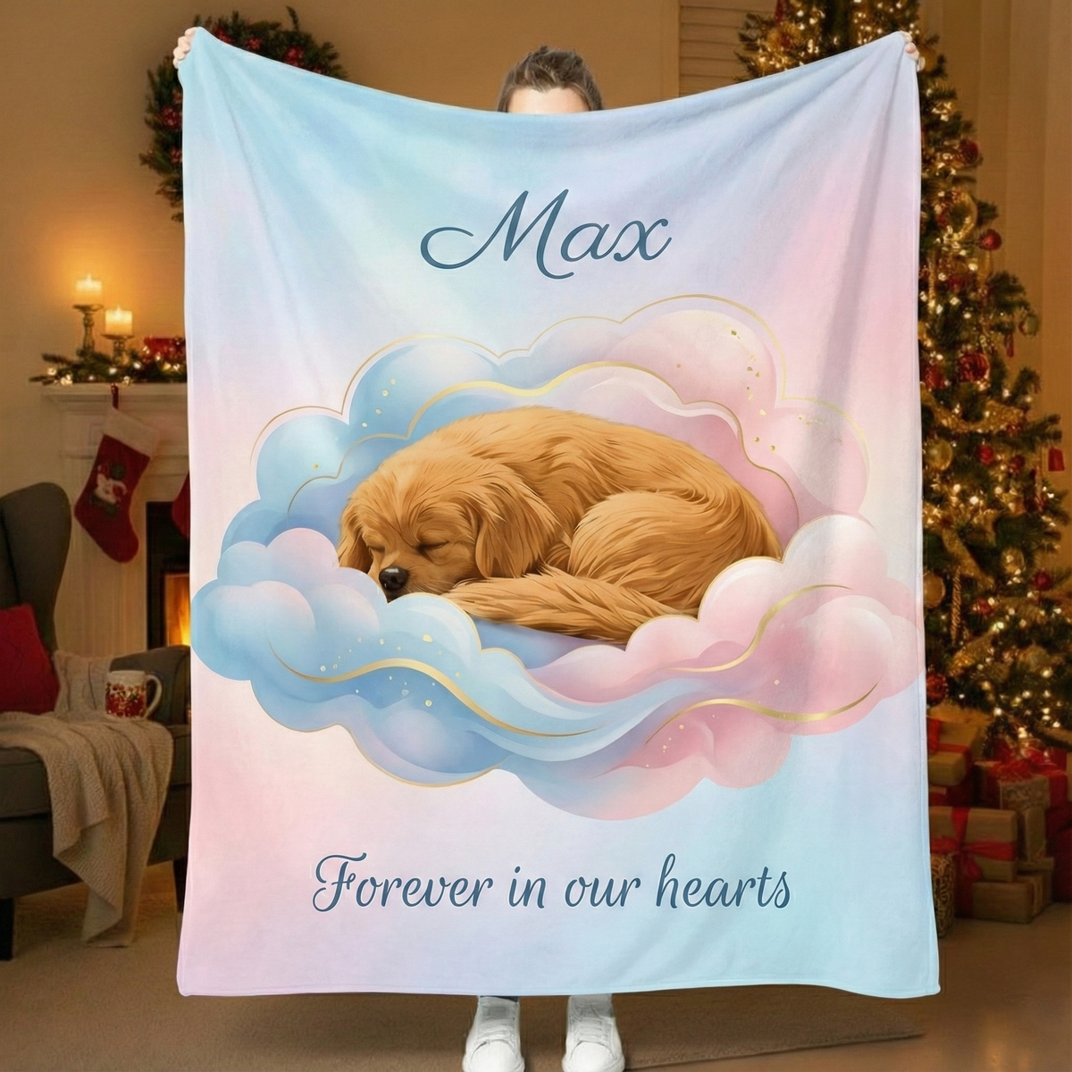 "Forever in Our Hearts" Pet Memorial Blanket - Custom Sleeping Dog on Cloud