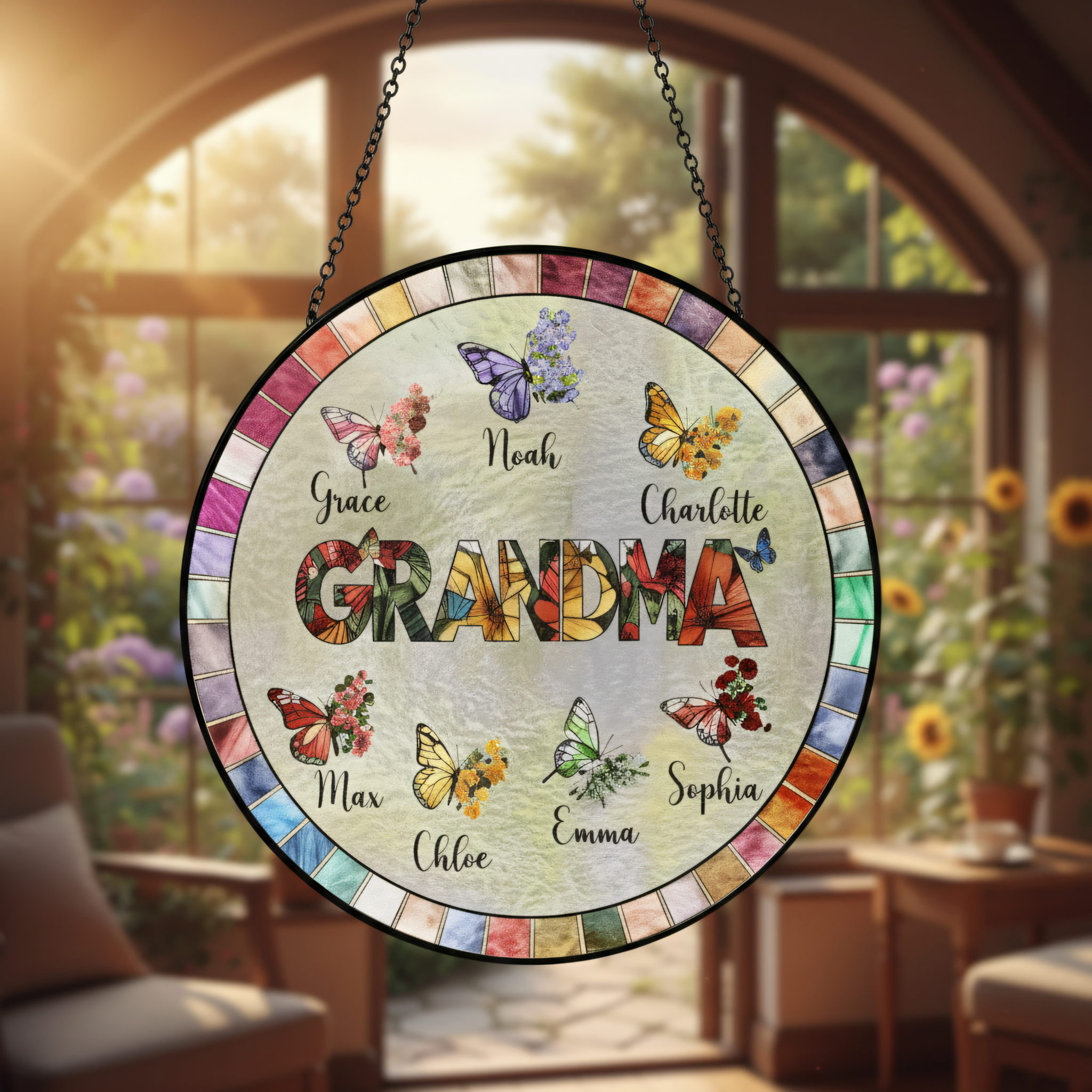 Heartfelt Butterfly Floral Stained Glass Suncatcher Ornament for Grandma – Personalized Grandkids Name Window Gift