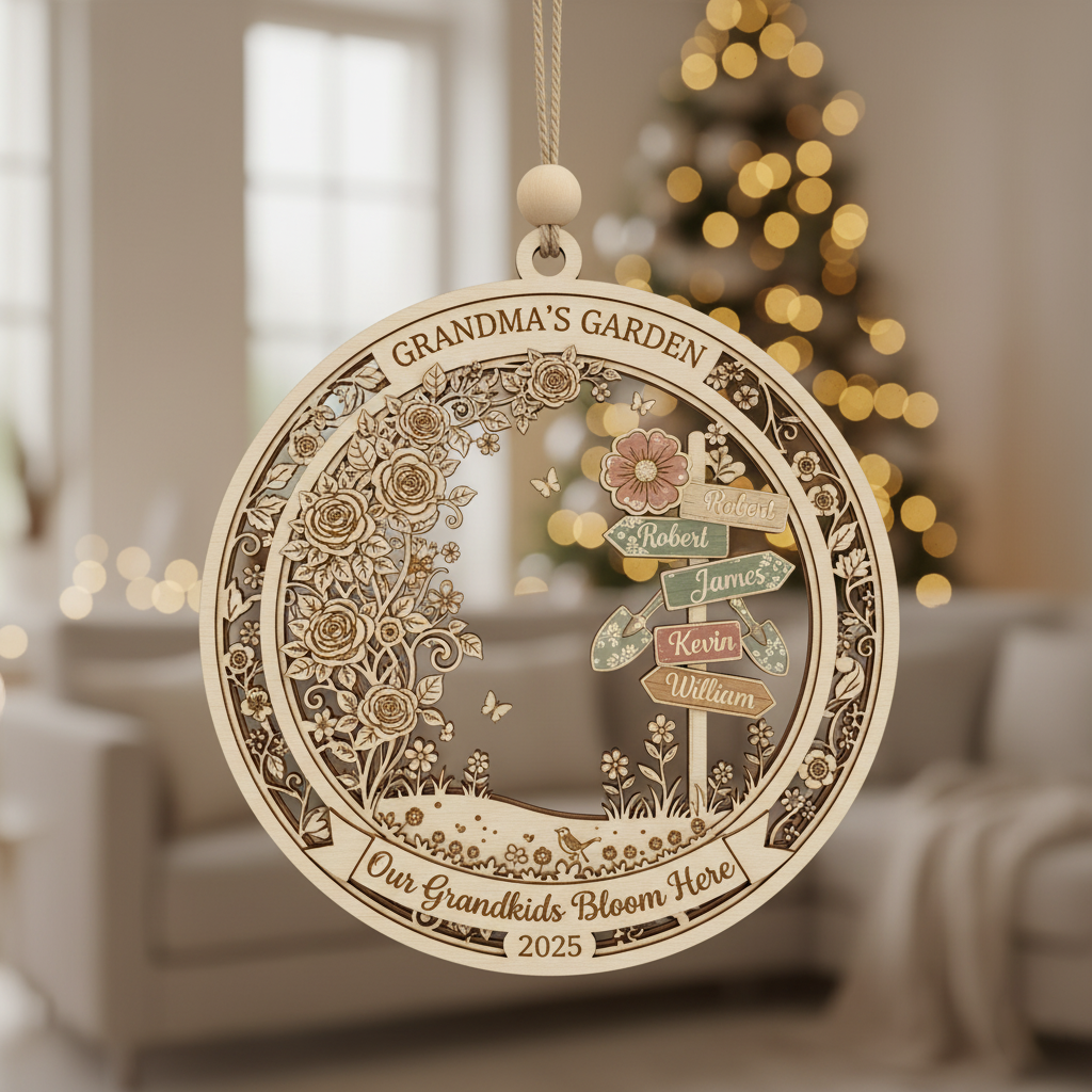 Grandma’s Garden Wooden Ornament – Personalized Grandkids Name Bloom Keepsake
