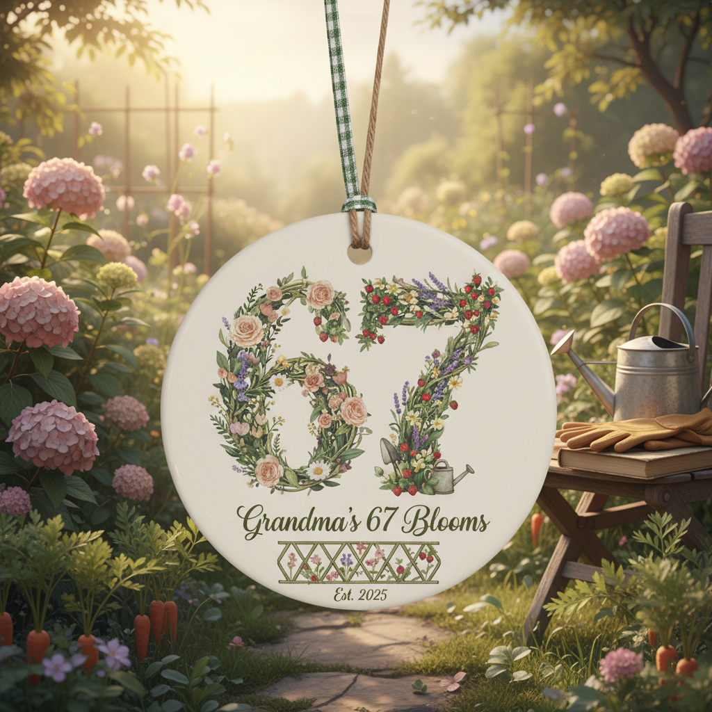 Grandma’s 67 Blooms Ceramic Ornament – Personalized Year Floral 67 Christmas Keepsake