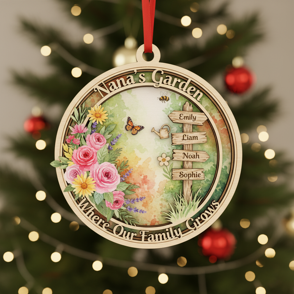 Garden Path Wooden Ornament for Nana – Personalized Grandkids Name Family Keepsake