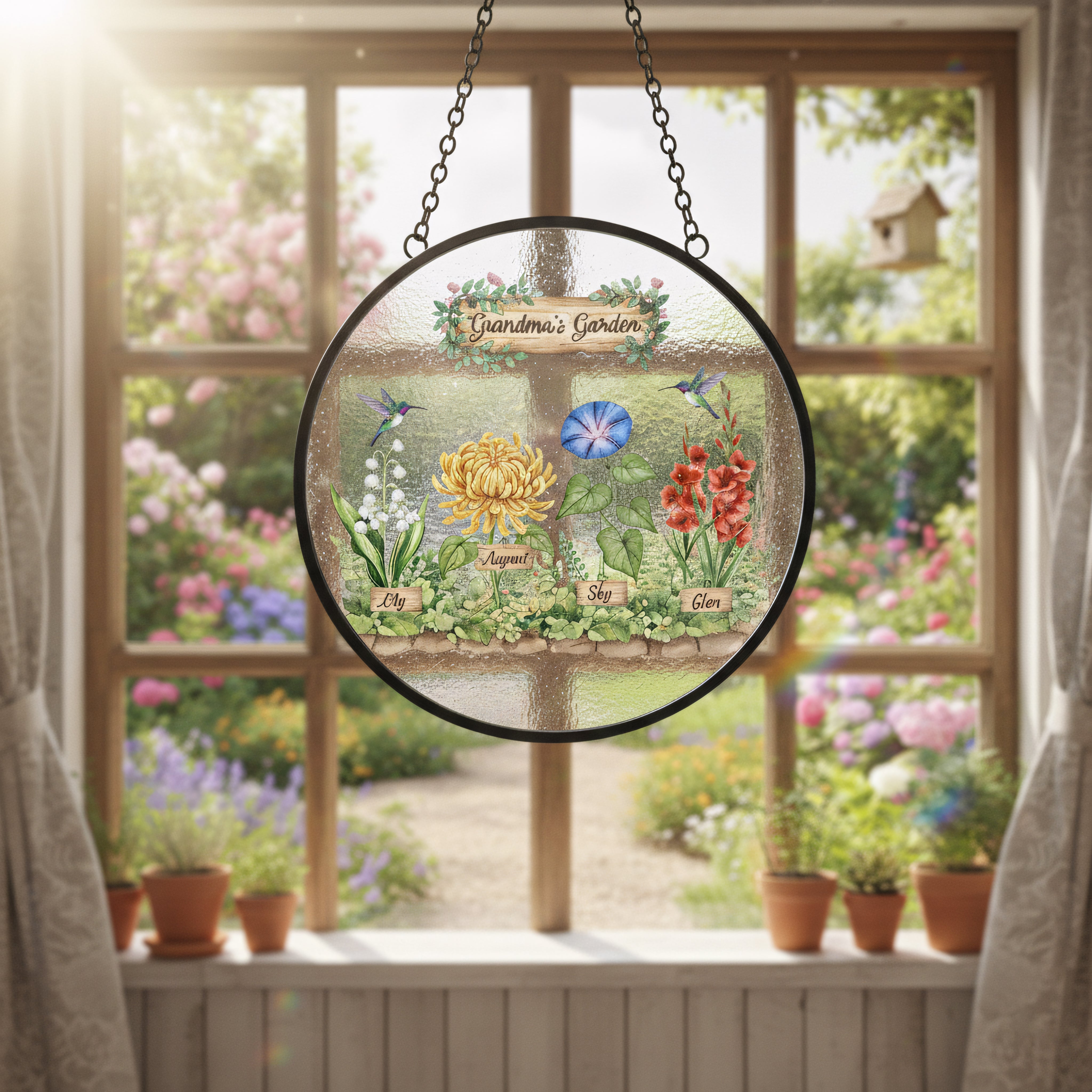 Birth Flower Stained Glass Suncatcher Ornament for Grandma – Personalized Grandkids Name Garden Keepsake