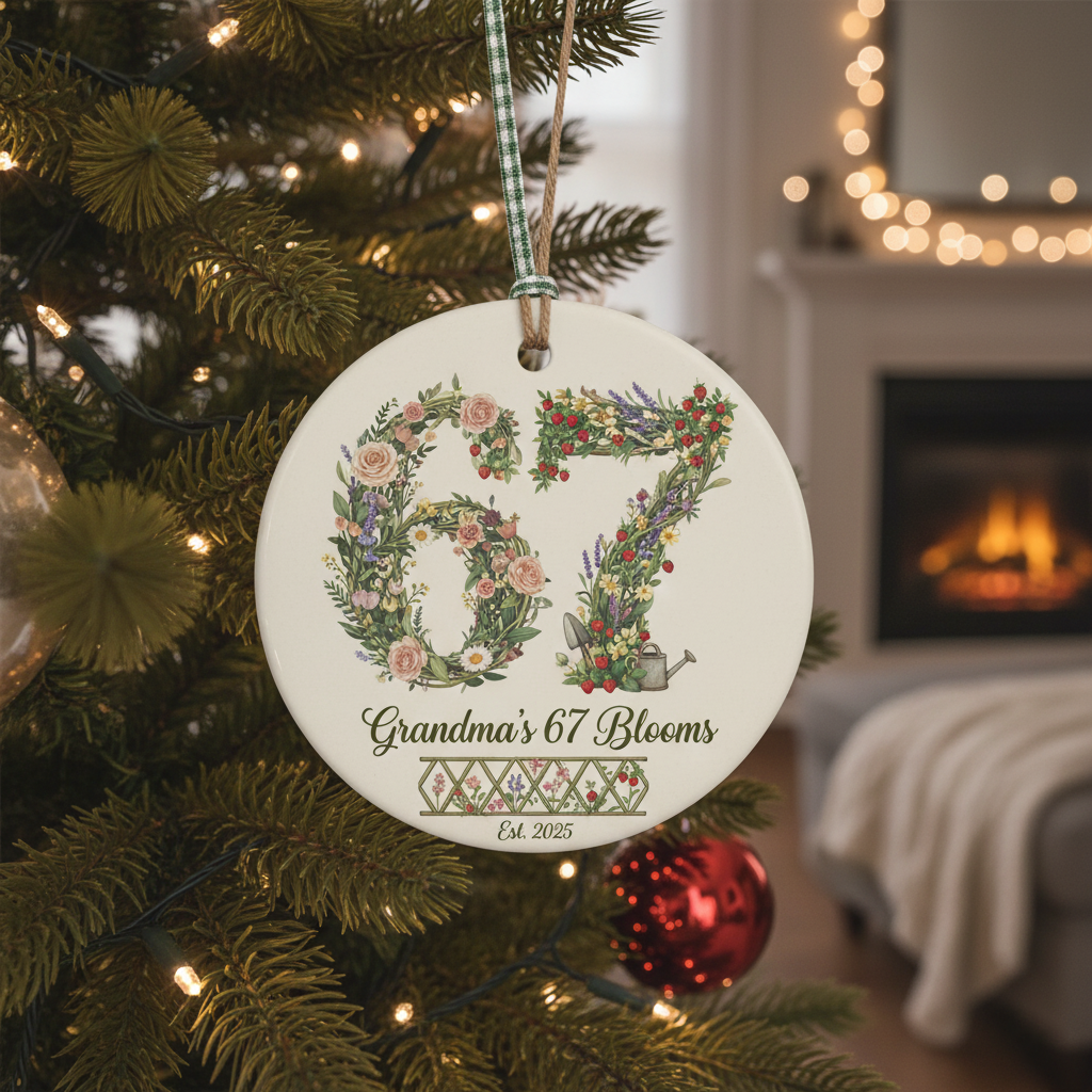 Grandma’s 67 Blooms Ceramic Ornament – Personalized Year Floral 67 Christmas Keepsake