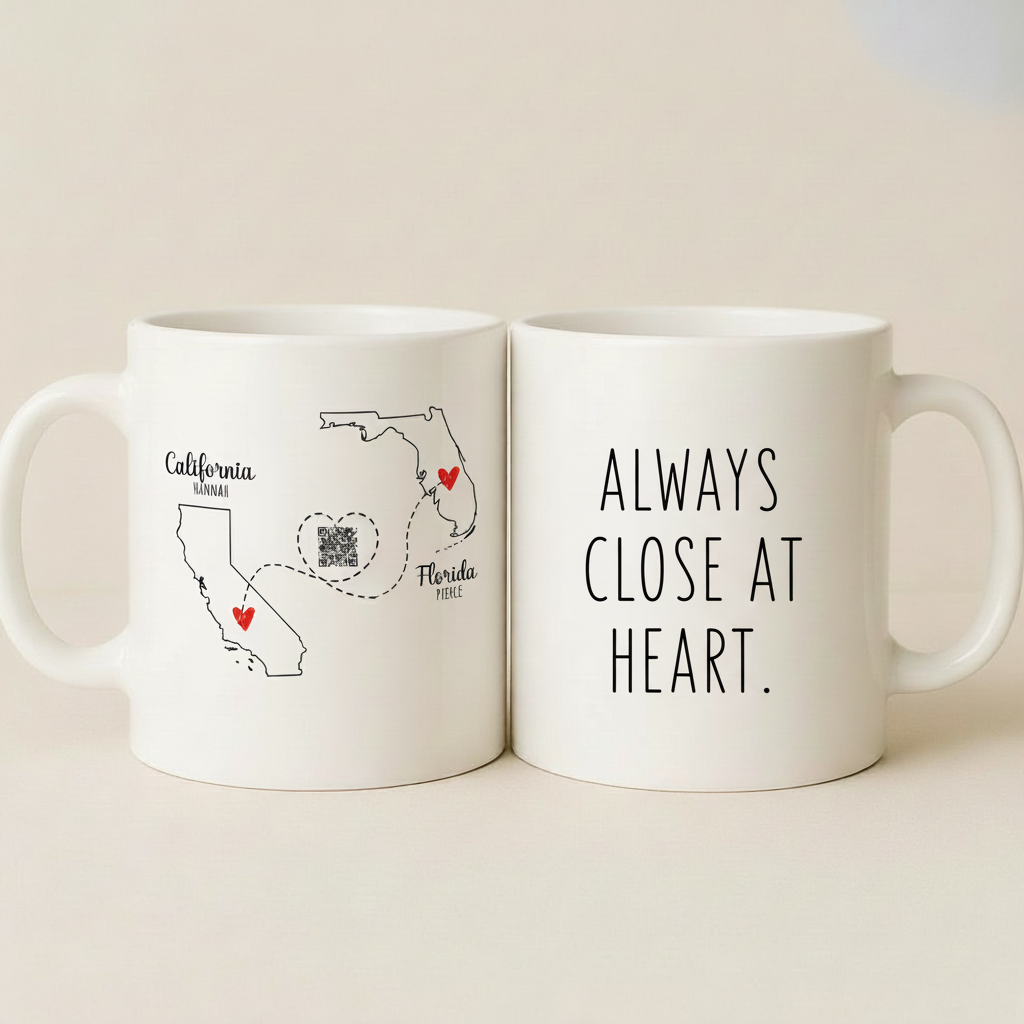 Personalized Names with Always Close At Heart Long Distance Couple QR Mug
