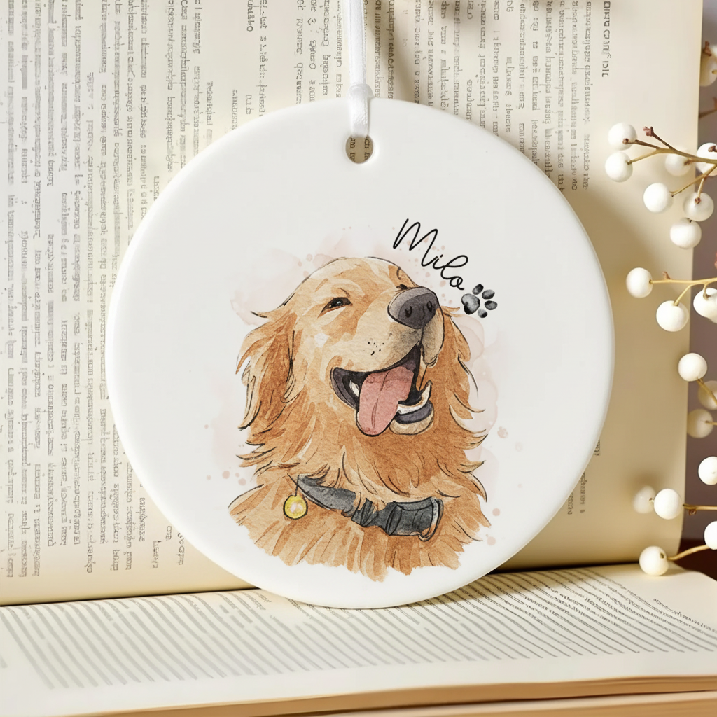 Christmas Watercolor Pet Portrait Ceramic Ornament
