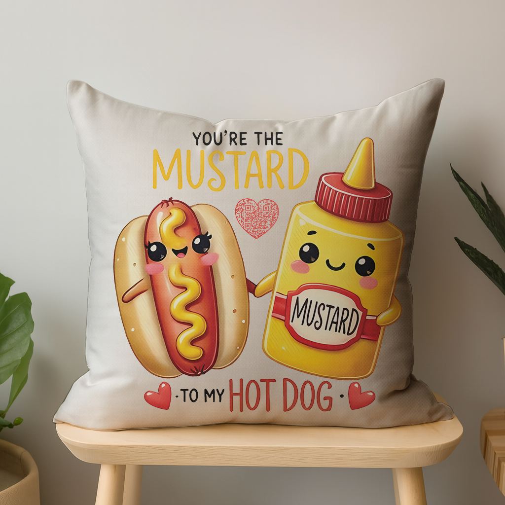 You’re the Mustard to My Hot Dog Interactive QR Throw Pillow Heartfelt Edition
