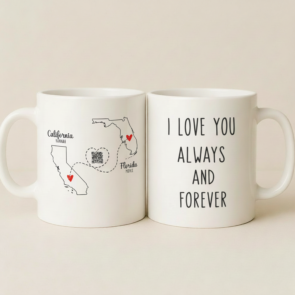 Personalized Names with I Love You Always and Forever Long Distance Couple QR Mug