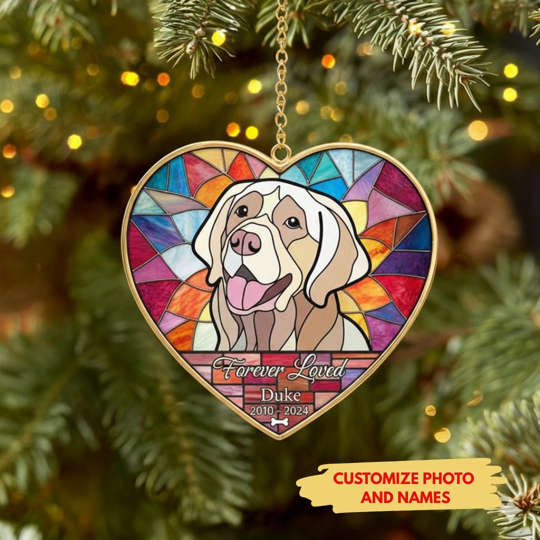 Personalized Stained Glass Dog Memorial Heart Ornament | Custom Pet Loss Suncatcher