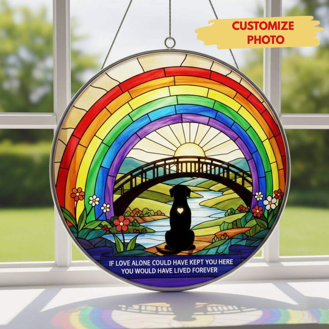 Stained Glass Window Suncatcher – Dog Memorial Gift – Rainbow Bridge Pet Loss Keepsake