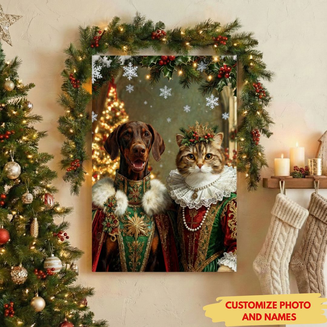 Custom Pet Portrait Canvas - Personalized Dog & Cat Royal Christmas Art Print