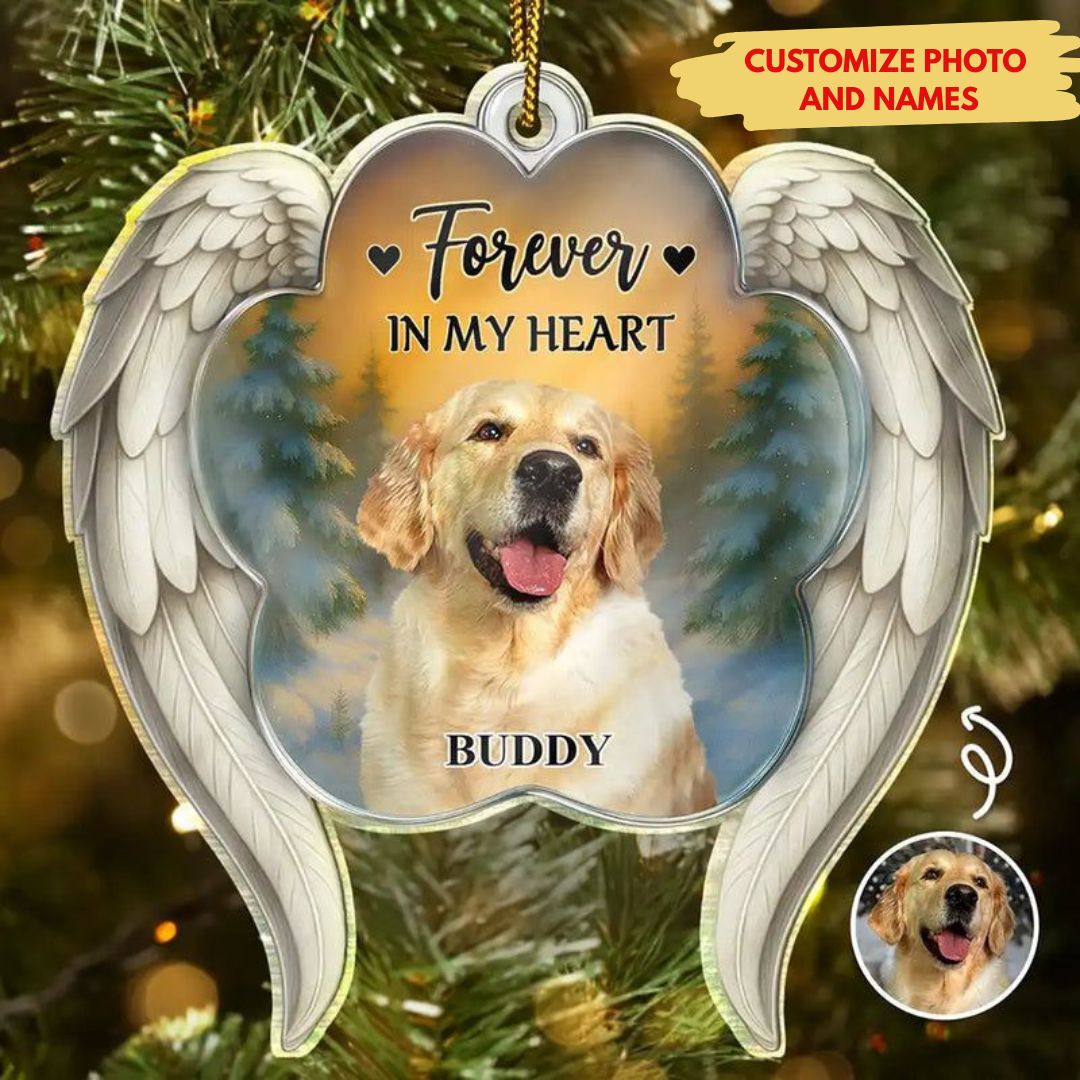 Personalized Dog Memorial Ornament - "Forever In My Heart" Angel Wings Keepsake