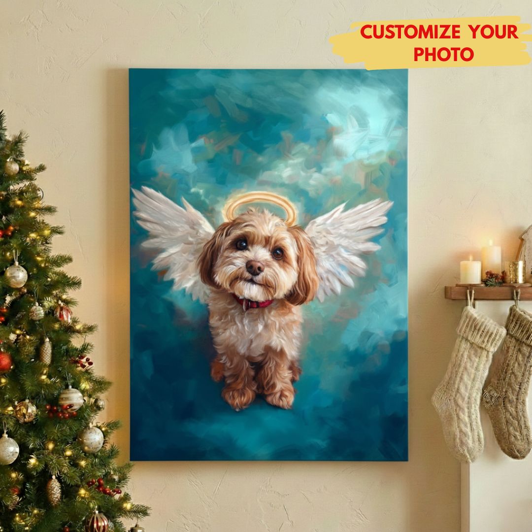 Personalized Pet Angel Portrait Canvas - Custom Photo w/ Wings & Halo Keepsake
