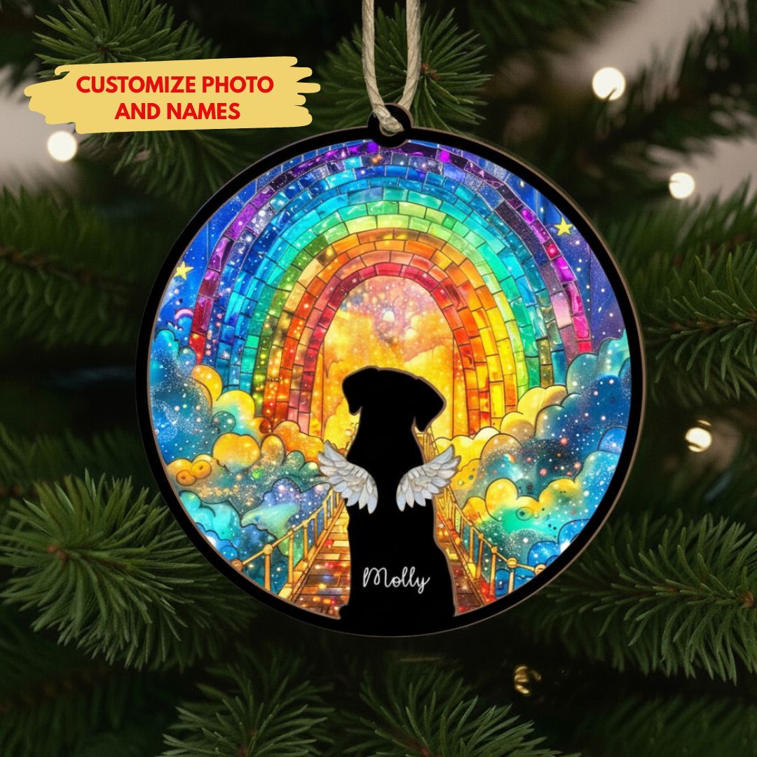 Personalized Rainbow Bridge Dog Memorial Ornament | Custom Pet Loss Suncatcher